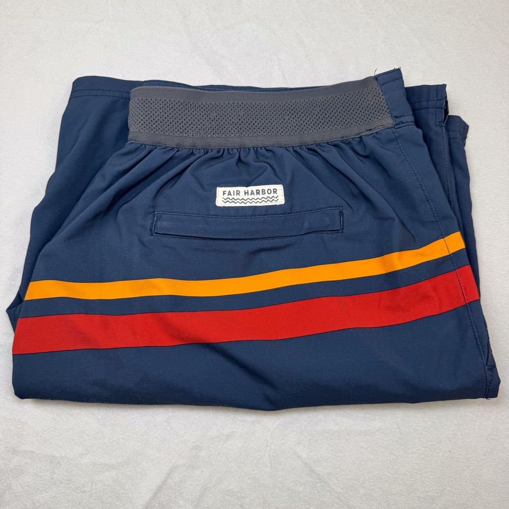FAIR HARBOR Men's XL Blue Red Orange Striped Elastic Waist‎ Swim Trunks Shorts